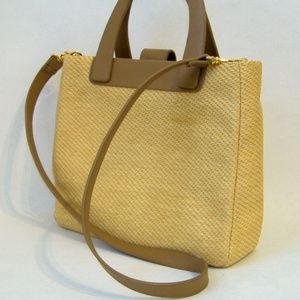 Camel Straw Purse Bag Tan Faux Leather Trim Detachable Shoulder Strap 2 Handles